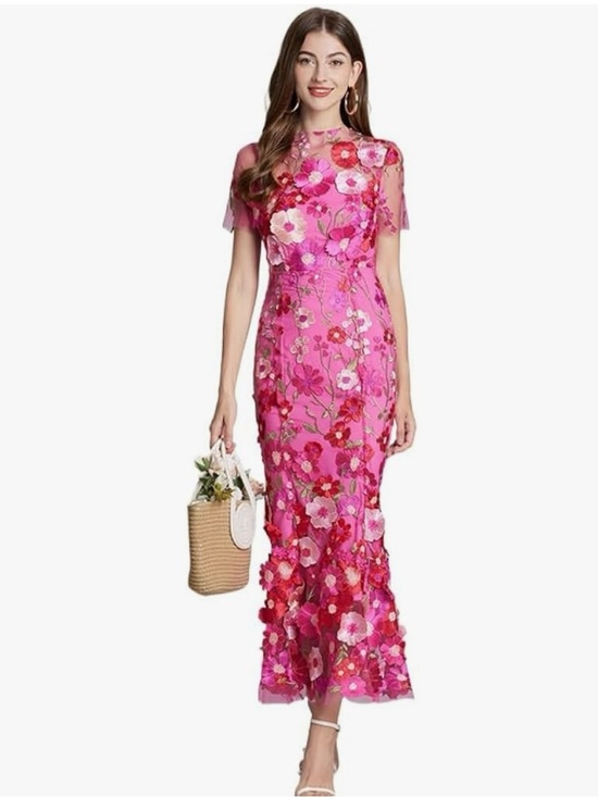 Dresses & Skirts - Floral Pink Embroidered Lace Maxi Dress